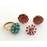 A 14 carat gold, turquoise and synthetic ruby ring and earring suite, each gem set spray cluster