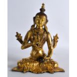 A GOOD CHINESE GILT BRONZE FIGURE OF A SEATED BUDDHIST GODDESS modelled holding a Tibetan stupa,