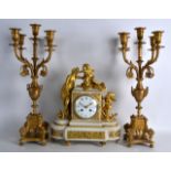 A MID 19TH CENTURY FRENCH ORMOLU AND MARBLE CLOCK GARNITURE with white enamel dial and cupid mounts.