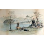 S YAMAMOTO (JAPANESE), FRAMED WATERCOLOUR, signed, figures enjoying a picnic, together with