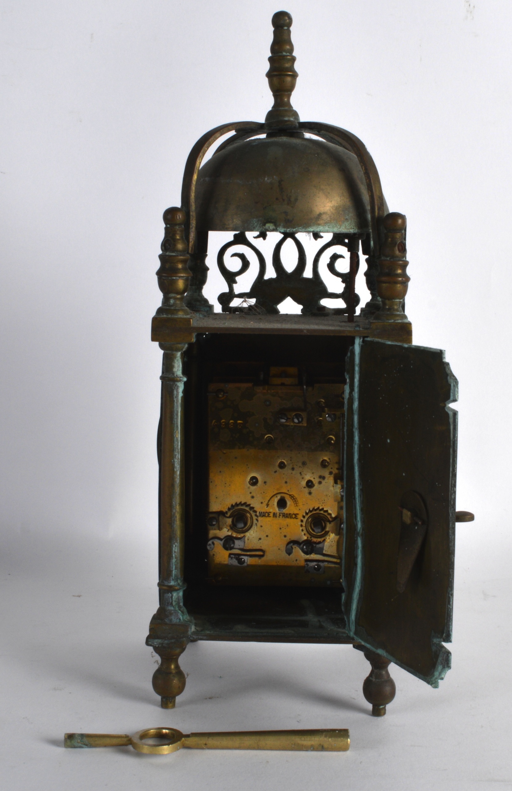 A VICTORIAN BRASS LANTERN CLOCK in the 17th Century style, the dial engraved with foliage and - Image 2 of 2