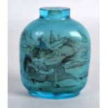 AN UNUSUAL EARLY 20TH CENTURY CHINESE REVERSE PAINTED BLUE SNUFF BOTTLE decorated with equestrian