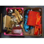 A BOX OF TRIANG TRAIN WARES together with another box of collectables, including a water colour etc.