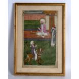 A LATE 19TH CENTURY INDIAN PAINTED ILLUMINATED MANUSCRIPT depicting three figures within a garden.