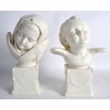 A PAIR OF 19TH CENTURY COPELAND PARIAN BUSTS 'Asleep & Awake', C1860. 9.75ins high.