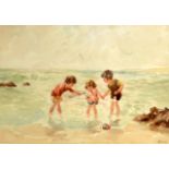 THOMAS PATERSON (SCOTTISH), FRAMED WATERCOLOUR, signed, children playing on a sandy beach. 8.5ins