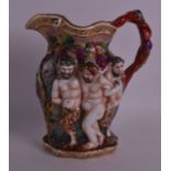 A 19TH CENTURY NAPLES CAPO DI MONTE PORCELAIN JUG decorated in relief with figures and grape