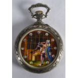 A DOXA EMBOSSED EROTIC POCKET WATCH depicting two figures courting within a landscape. 2.75ins