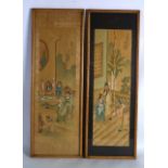 A PAIR OF EARLY 20TH CENTURY CHINESE FRAMED WATERCOLOURS depicting figures within interiors. Image