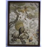 A LARGE FRAMED 19TH CENTURY CHINESE SILKWORK PANEL depicting birds and hens standing within