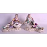 A PAIR OF 19TH CENTURY CONTINENTAL PORCELAIN FIGURAL TABLE SALTS modelled in the Meissen style,