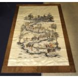 A VERY LARGE 19TH/20TH CENTURY CHINESE SILKWORK PANEL depicting a procession of figures within an