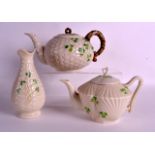 A BELEEK THREE PIECE PORCELAIN SET decorated with shamrock. (3)