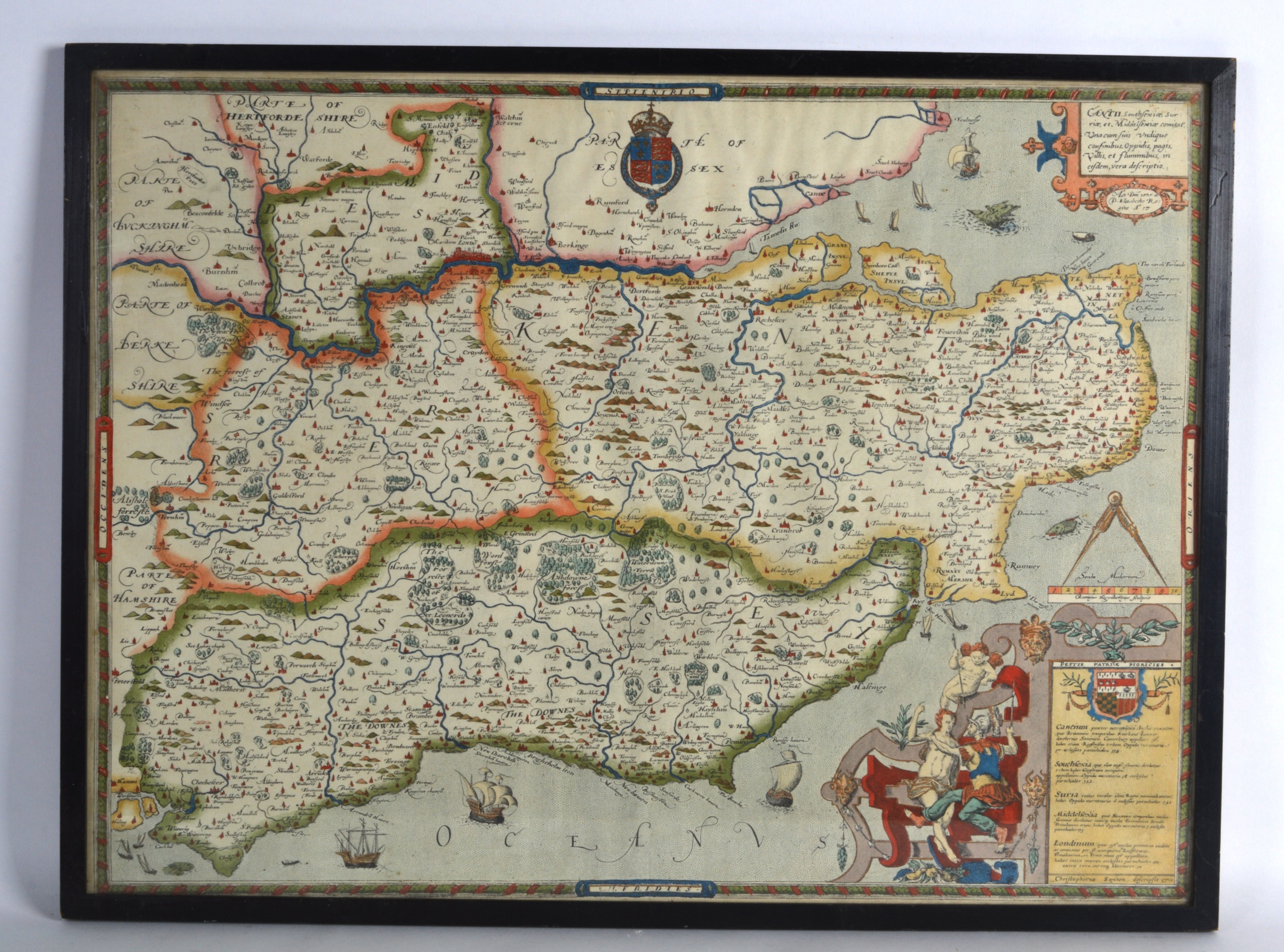 A FRAMED 18TH CENTURY HAND FINISHED MAP OF HERTFORDSHIRE. 1Ft 10ins x 1ft 4ins.