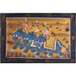 A PAIR OF EARLY 20TH CENTURY INDIAN FRAMED SILKWORK PANELS depicting figures within a landscape. 1Ft
