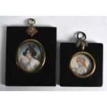 TWO MID 19TH CENTURY PAINTED IVORY PORTRAIT MINIATURES one with an acorn capped frame. (2)