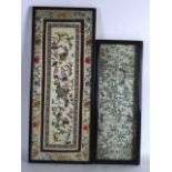 A FRAMED PAIR OF 19TH CENTURY CHINESE SILKWORK SLEEVES together with another framed sleeve. 2Ft 1ins