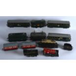 A COLLECTION OF VINTAGE HORNBY MECCANO TINPLATE COACHES AND LOCOS including SNCF models etc. (12)