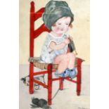 CLAIRE LUCAS (1928), FRAMED WATERCOLOUR, signed & dated, Little girl stitching. 1 ft. x 8.25ins.