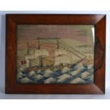 A LARGE FRAMED 19TH CENTURY MARITIME WOOLWORK PANEL depicting a boat with full sails. 1Ft 10ins x