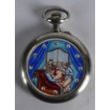 A DOXA EROTIC POCKET WATCH depicting figures within an interior. 2.75ins diameter.