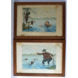 FRENCH SCHOOL, FRAMED PAIR OF EARLY PRINTS, amusing owner and dog cartoons. 8ins x 11ins.