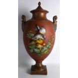 A HUGE 19TH CENTURY ENGLISH POTTERY TWIN HANDLED VASE AND COVER of exhibition quality, enamelled