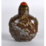 A 19TH CENTURY CHINESE CARVED MACARONI AGATE SNUFF BOTTLE AND STOPPER with carved taotie mask heads.