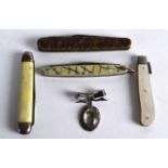 FOUR VINTAGE POCKET & FRUIT KNIVES together with a silver hanging pendant. (5)