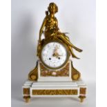 AN EARLY 20TH CENTURY FRENCH ORMOLU AND WHITE MARBLE MANTEL CLOCK modelled with a seated female