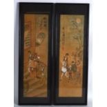 A PAIR OF EARLY 20TH CENTURY CHINESE FRAMED WATERCOLOURS depicting figures within interiors. Image