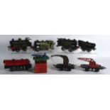 A GROUP OF FIVE VINTAGE HORNBY MECCACNO TINPLATE LOCOMOTIVES together with a box of tin plate