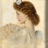 AUG BOUVIER (1863), Framed watercolour, pretty young woman holding a fan, "Romantica". 6.75ins x 6.