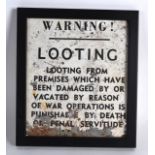 AN UNUSUAL FRAMED VINTAGE LOOTING SIGN. 6Ins x 7ins.