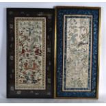 TWO EARLY 20TH CENTURY CHINESE FRAMED SILKWORK PANELS depicting figures in landscapes. 13.5ins x