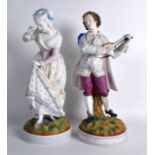 A LARGE PAIR OF LATE 19TH CENTURY CONTINENTAL BISQUE PORCELAIN FIGURES modelled upon circular