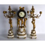 A FINE 19TH CENTURY FRENCH ORMOLU AND WHITE MARBLE CLOCK GARNITURE the dial with diamonte