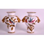 A PAIR OF LATE 19TH CENTURY DERBY PORCELAIN VASES painted with birds amongst gilt flowers. 4.75ins