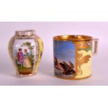 A 19TH CENTURY VIENNA PORCELAIN CABINET CUP together with a small Dresden vase. (2)
