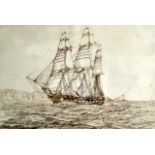 BRITISH SCHOOL (20TH CENTURY), FRAMED ENGRAVING, A ship a full sail. 6.5ins x 10ins.