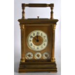 A LATE 19TH CENTURY FRENCH BRASS REPEATER CARRIAGE CLOCK with multi dial front, formed with