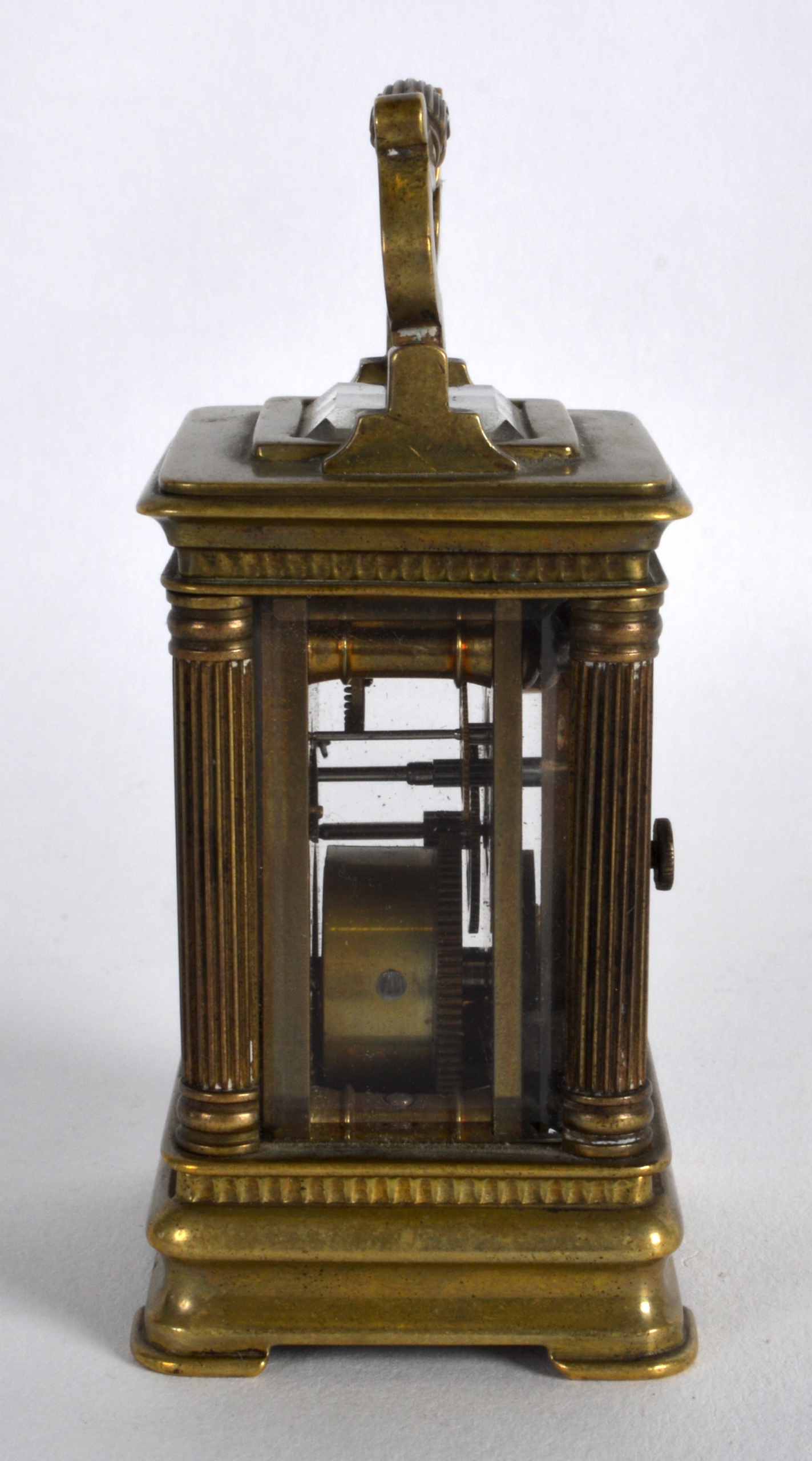 AN EARLY 20TH CENTURY FRENCH MINIATURE CARRIAGE CLOCK with white enamel dial overlaid in gilt - Image 2 of 4