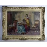 A LARGE FRAMED LATE VICTORIAN WOOLWORK depicting two figures within an interior. 1Ft 10ins x 1ft 4.