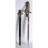 A GOOD 19TH CENTURY ENGLISH NAVAL SWORD with lion head pommel and shagreen handle. 2Ft 1ins long.