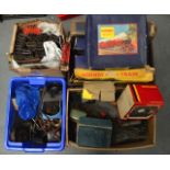 FOUR BOXES OF VINTAGE HORNBY MECCANO WARES including track, signal wares, four Hornby boxed train