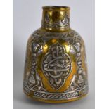 A MID 19TH CENTURY ISLAMIC SILVER INLAID MIXED METAL VESSEL decorated with entwined motifs. 4.5ins