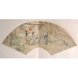 A LATE 19TH CENTURY CHINESE FAN SHAPED INKWORK PANEL depicting three figures standing before a