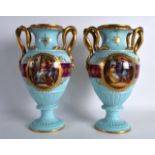 A PAIR OF LATE 19TH CENTURY VIENNA PORCELAIN TWIN HANDLED VASES with serpent handles, painted with