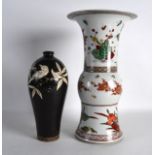 A CHINESE STONEWARE BALUSTER VASE incised with a bird, together with a Kangxi style wucai yen yen