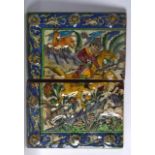 A PAIR OF PERSIAN RECTANGULAR TILES part of a four section panel, depicting figures upon a horse